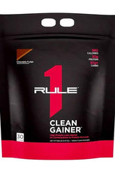 Rule One Clean Gainer protein powder bag, 560 calories, 30g protein, chocolate fudge flavor.